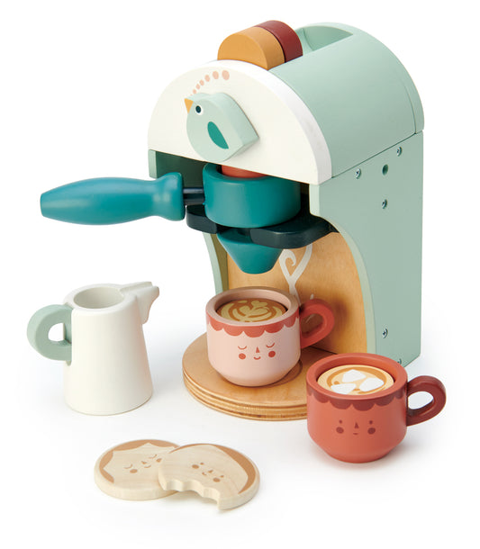 Machine à café en bois, accessoire dinette en bois idéal dès 3 ans. Set complet avec machine à nespresso, dosettes, pot de lait, biscuits et tasses. En bois. Couleurs pastel. Convient aux filles et aux garçons.