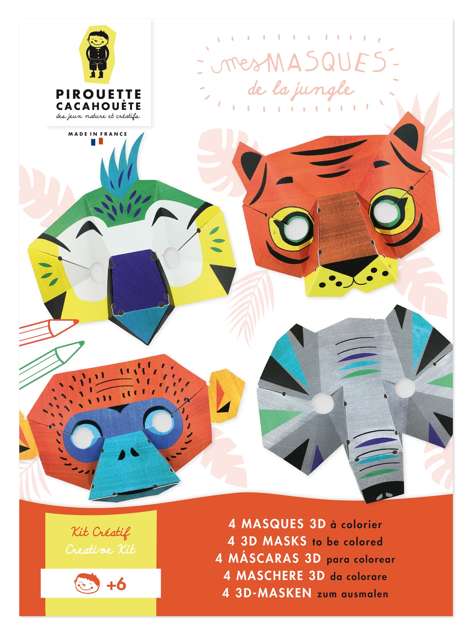 4 Masques 3D a fabriquer et à colorier. Kit créatif pour DIY Carnaval, made in France. Dès 6 ans. Perroquet, tigre, singe et éléphant.