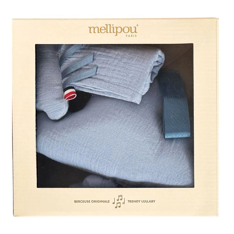 coffret cadeau naissance bébé personnalisé original mini nuage musical et doudou lange bleu