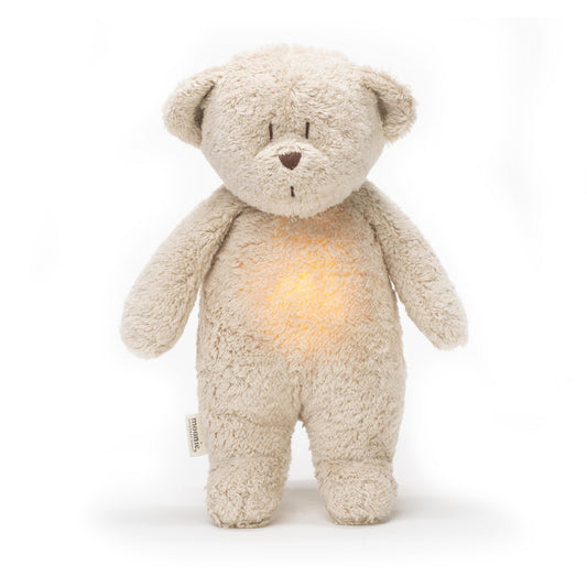 Moonie beige sable. Peluche ours avec veilleuse rechargeable. Musique douce, bruits roses, bruits blancs naturels pour bébé. Cadeau de naissance.