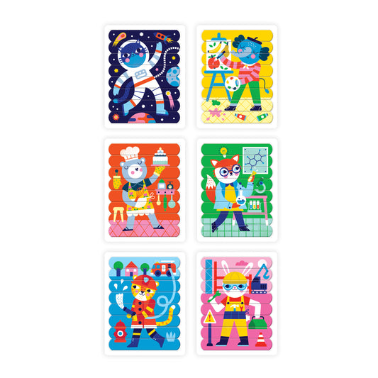 Représentation des 6 puzzles mettant en scène les métiers : astronaute (chat), artistre peintre (éléphant), pâtissier (ours), physicien (renard), pompier (chat) et constructeur (lapin). Couleurs vives, graphismes ludiques. Puzzle Mudpuppy pour enfant dès 3 ans.