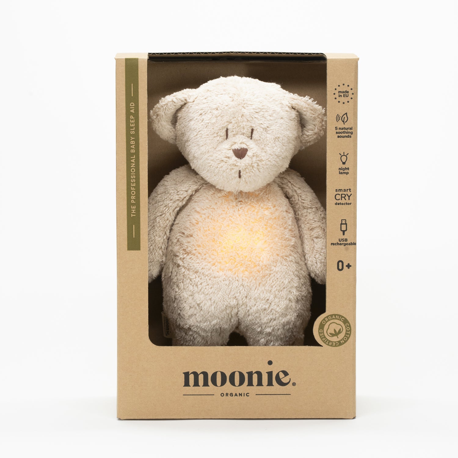 Ourson Moonie Beige Sable. Fabriqué en Europe. Packaging écoresponsable. Ourson en coton biologique. Moonie.