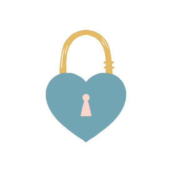 Paiement sécurisé. Illustration cadenas en forme de coeur de couleur bleu, rose et jaune.