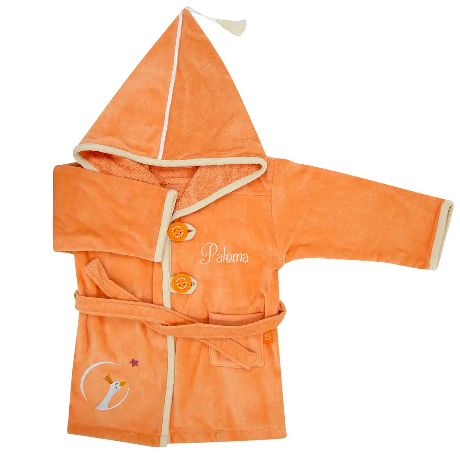 Peignoir enfant 2 ans personnalisé, éponge Oeko-Tex 450 g/m² absorbante. Orange pêche, motif oie princesse.