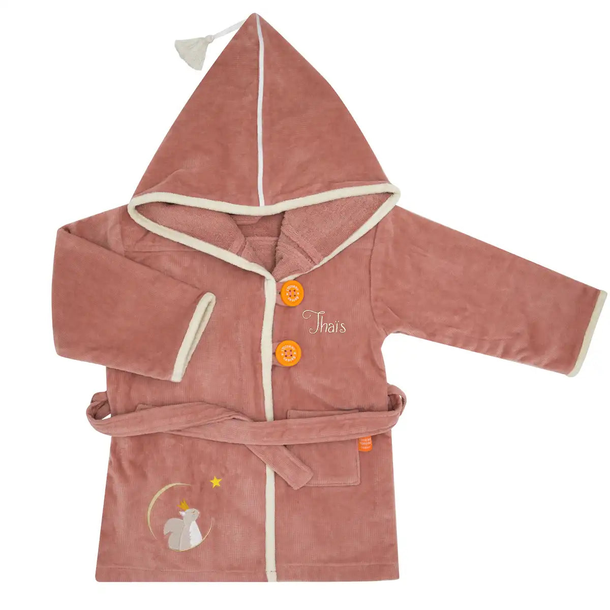 Peignoir enfant 2–4 ans personnalisé avec capuche, éponge velours. Ecureuil mignon, marsala