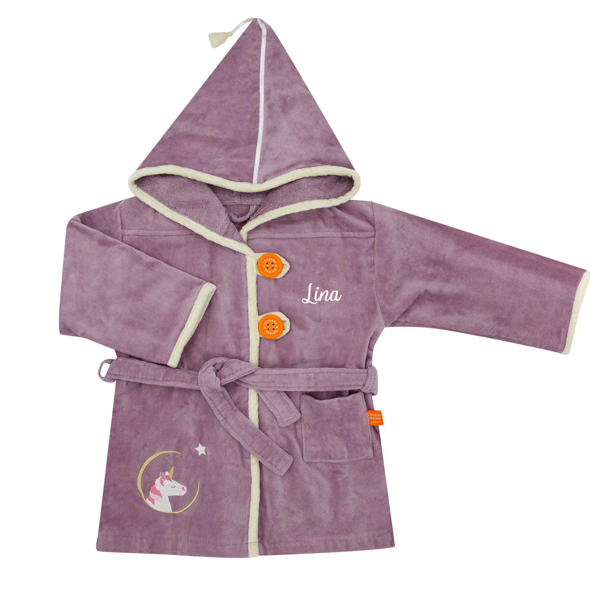 Peignoir enfant 2–4 ans personnalisé avec capuche, éponge velours. Couleur parme violet, licorne.