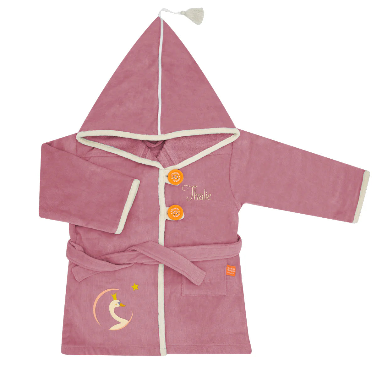 Peignoir enfant 2 ans personnalisé prénom, packshot couleur vieux rose, cygne princesse.