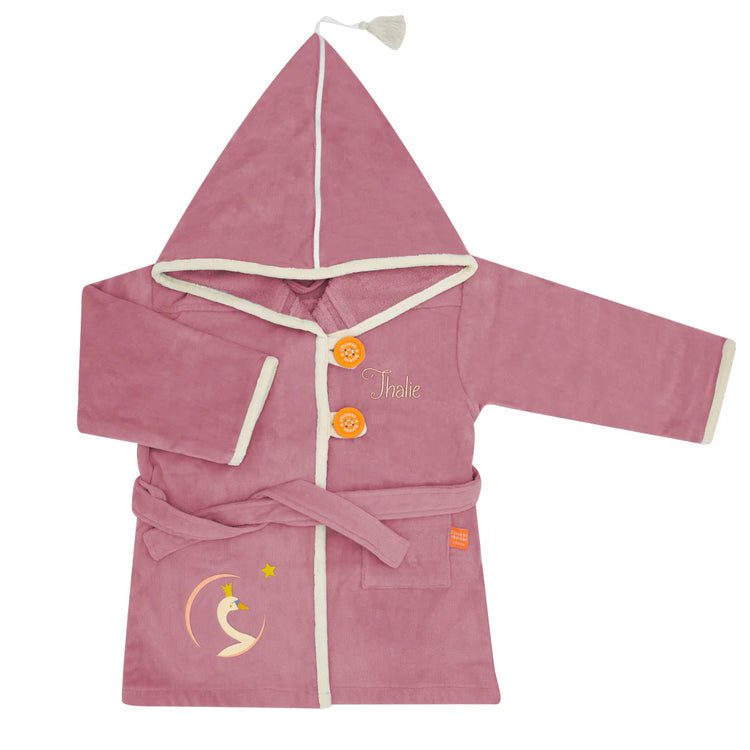 Peignoir enfant 2 ans personnalisé prénom, packshot couleur vieux rose, cygne princesse.