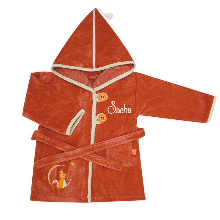 Peignoir enfant 2 ans personnalisé prénom, packshot éponge Oeko-Tex. Couleur terracotta, motif panda roux
