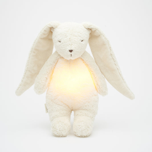 Doudou lapin Moonie blanc polaire, idée cadeau de naissance pour des nuits paisibles et réconfortantes.