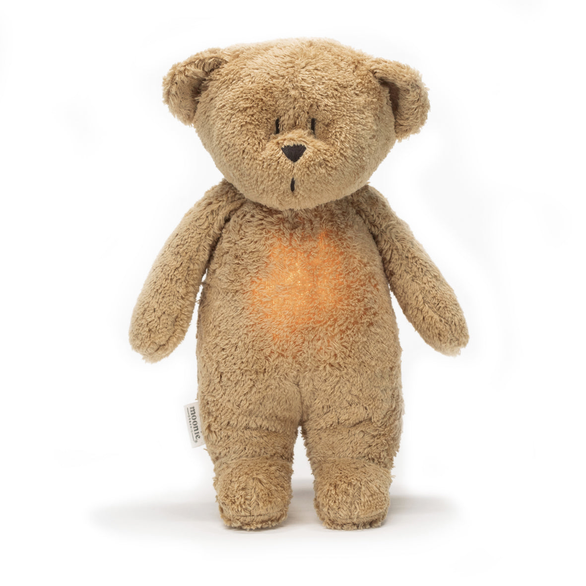 Peluche ourson Moonie en coton biologique. Avec module sons et lumières. Veilleuse peluche, couleur capuccino. Moonie.