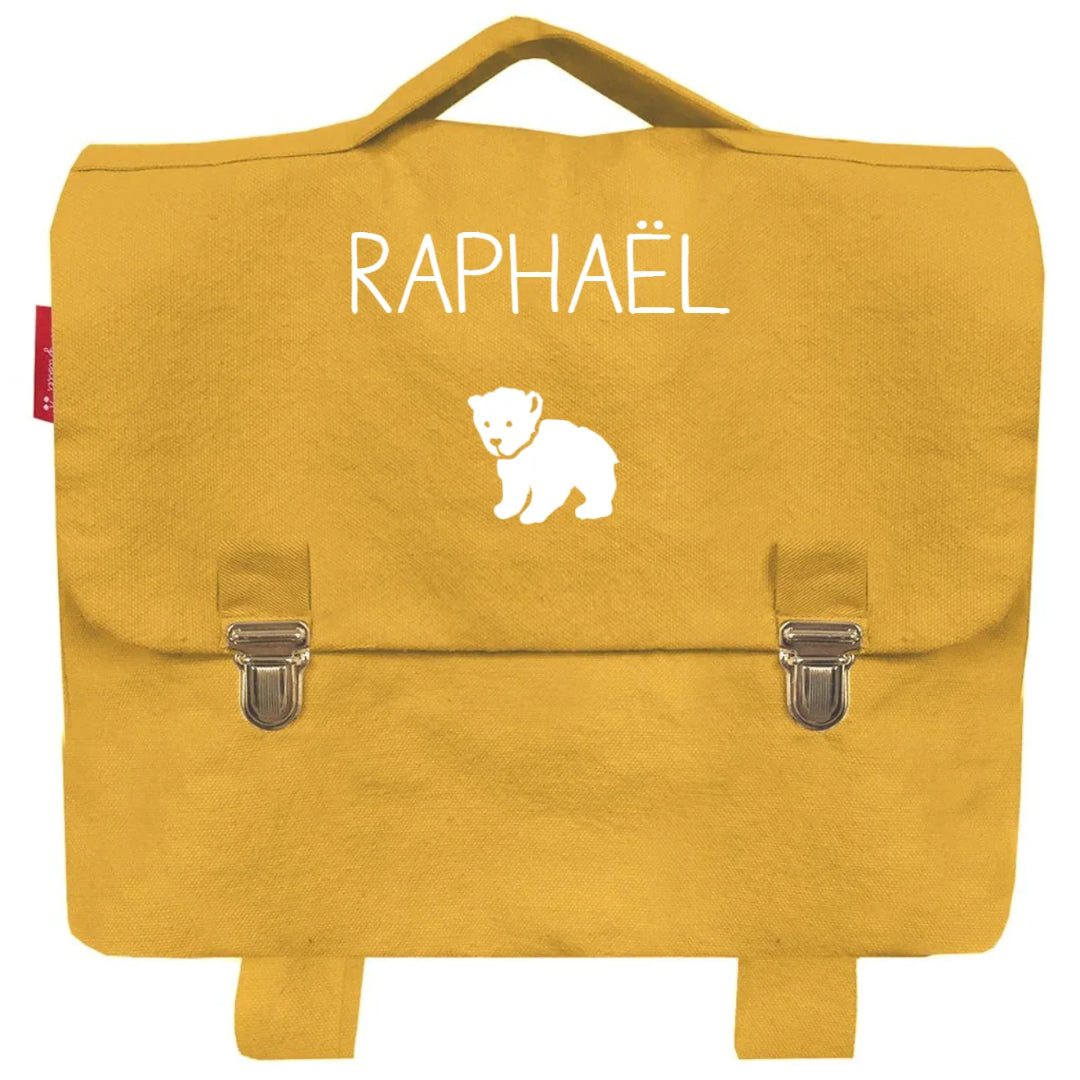 Petit cartable maternelle personnalisé. Jaune moutarde, prénom et motif au choix. Les griottes.