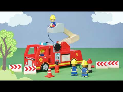 Camion de pompiers Tender Leaf Toys, idéal pour des heures de jeux. De magnifiques couleurs, des accessoires originaux. Des personnages attachants. Du bois naturel qui préserve les forêts. 