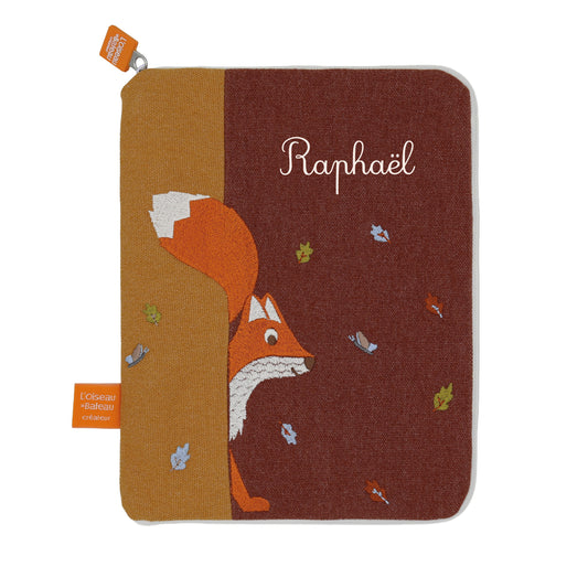 Protège carnet de santé bébé brodé, cadeau de naissance personnalisé. Orange et rouge, renard et automne. Oiseau Bateau