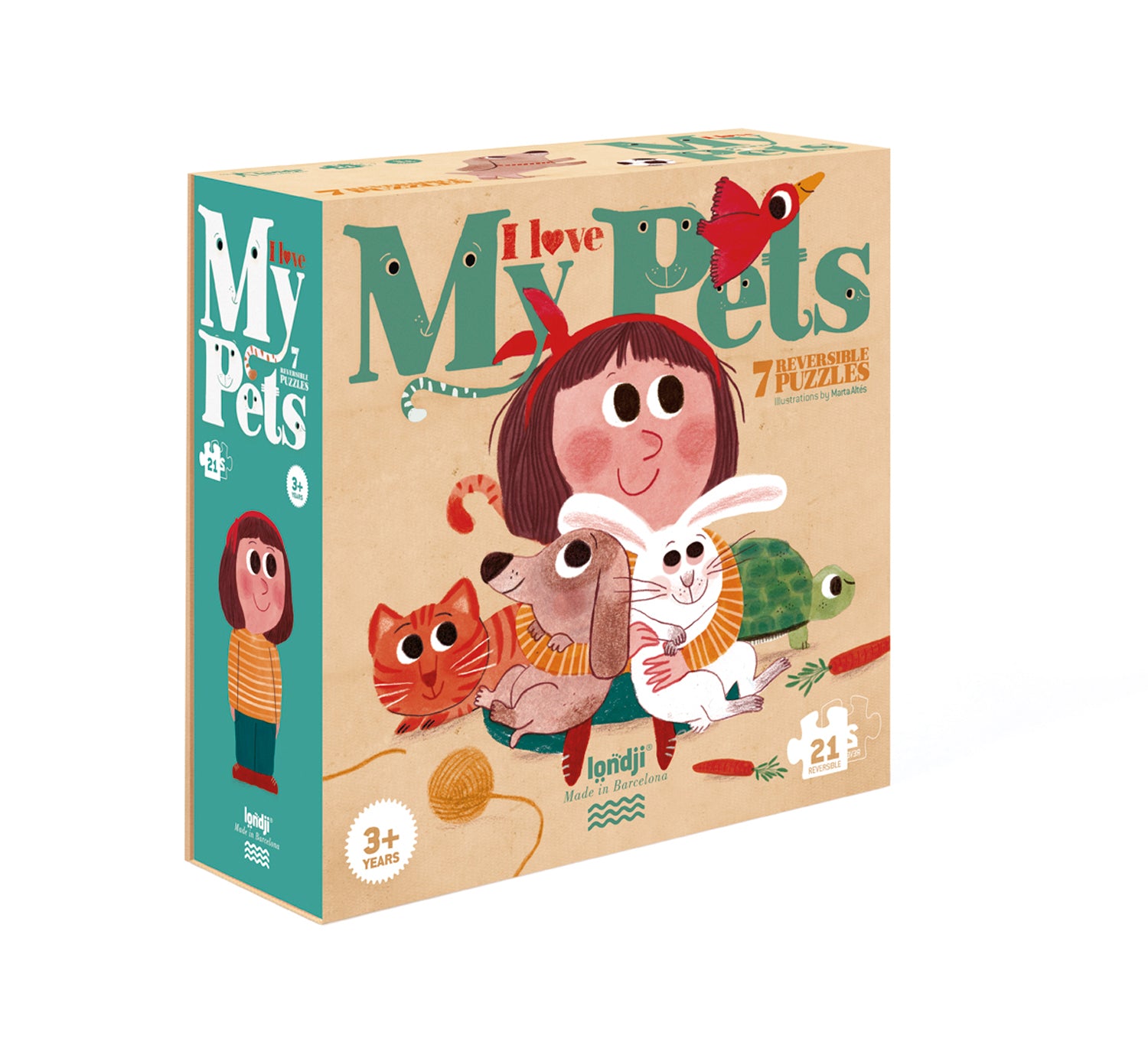 Puzzle éducatif Londji : boite de 7 mini puzzles éducatifs recto-verso de 3 pièces chacun représentant les animaux du quotidien.