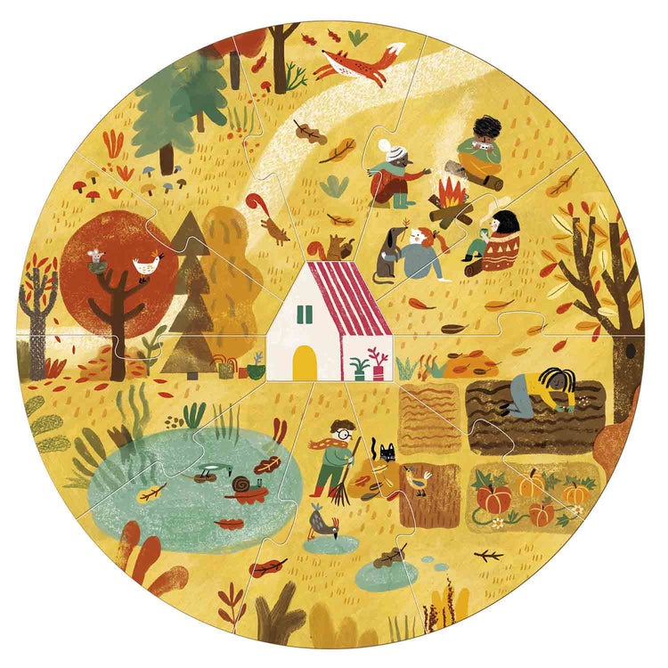 Puzzle automne maternelle. Ton jaune et oranger. Illustration d'un paysage automnale. Idéal pour apprendre les saisons dès 3 ans tout en s'amusant avec un puzzle écoconçu et respectueux de l'environnement.