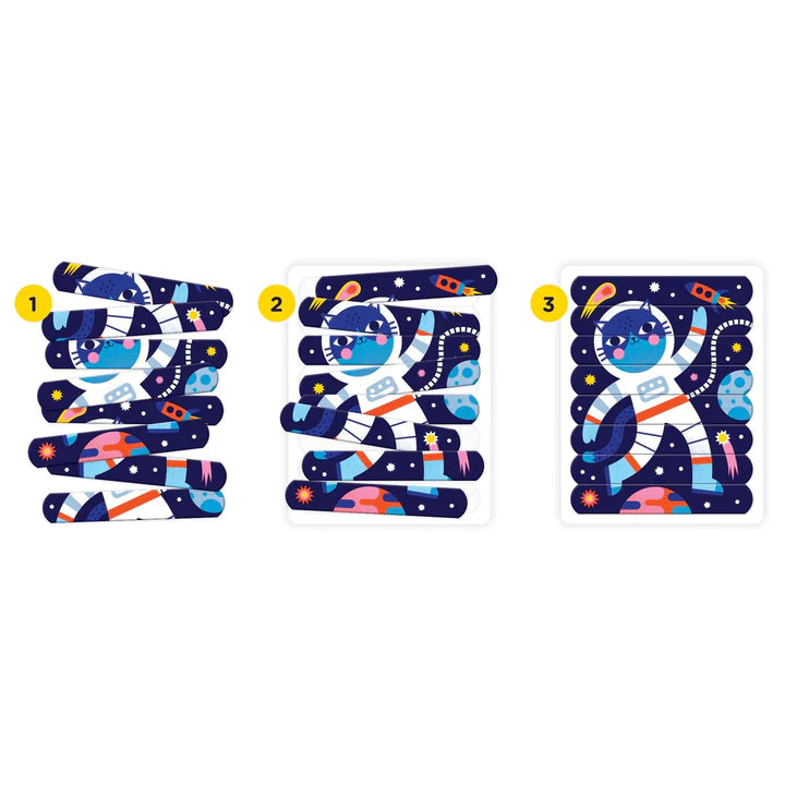 Notice du puzzle stick : les bâtonnets se trient en fonction de la couleur du fond de l'image et s'assemblent verticalement pour former une image (ici le chat astronaute). 
