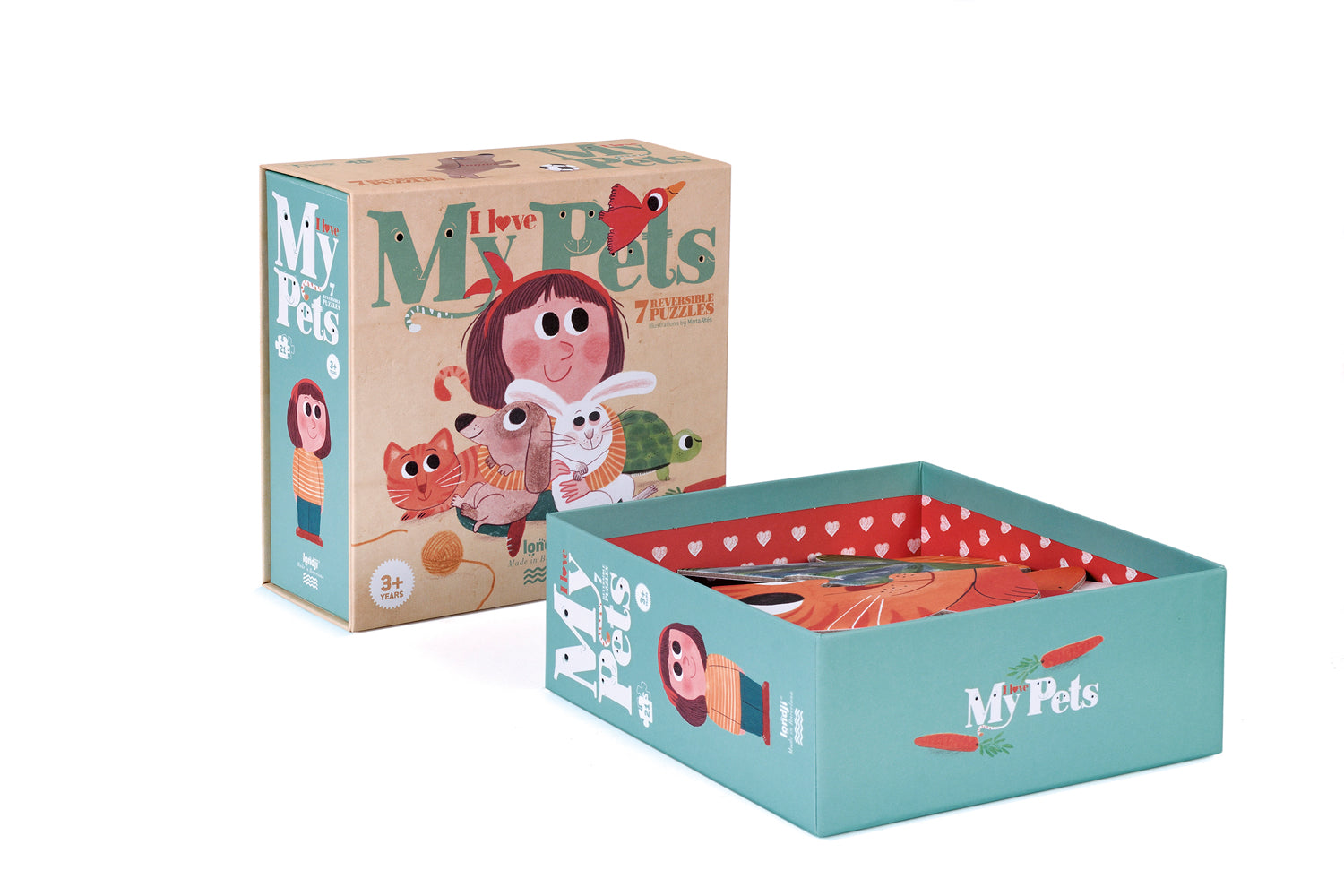 Puzzle éducatif sur le thème des animaux : 7 puzzles réversibles de 3 pièces. 1 fillette et 6 animaux. Puzzle Londji. Ecofriendly, écoresponsables.