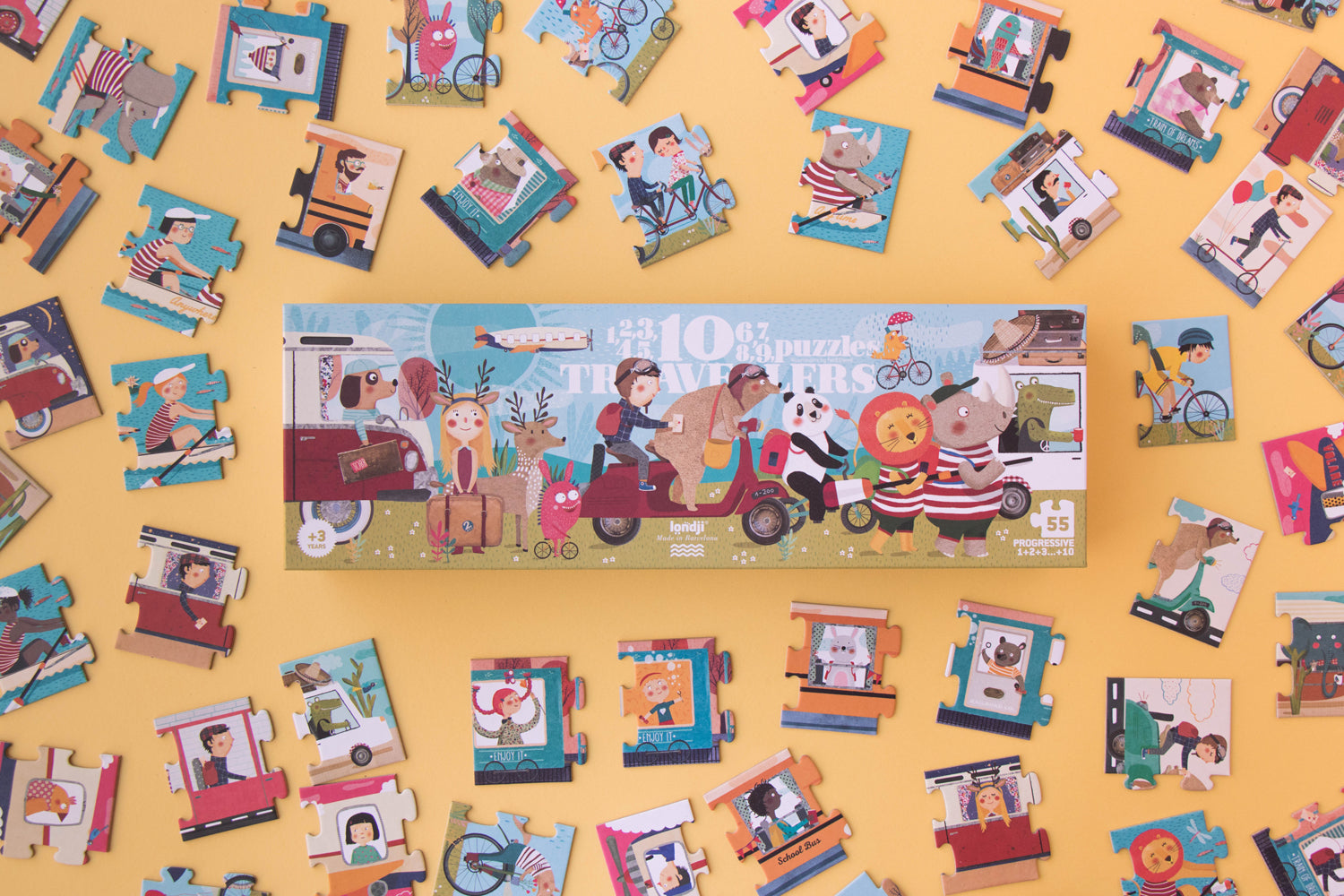 10 puzzles progressifs de 2 à 10 pièces, soit un total de 55 pièces fabriqués en Espagne avec du papier FSC et du carton recyclé. 