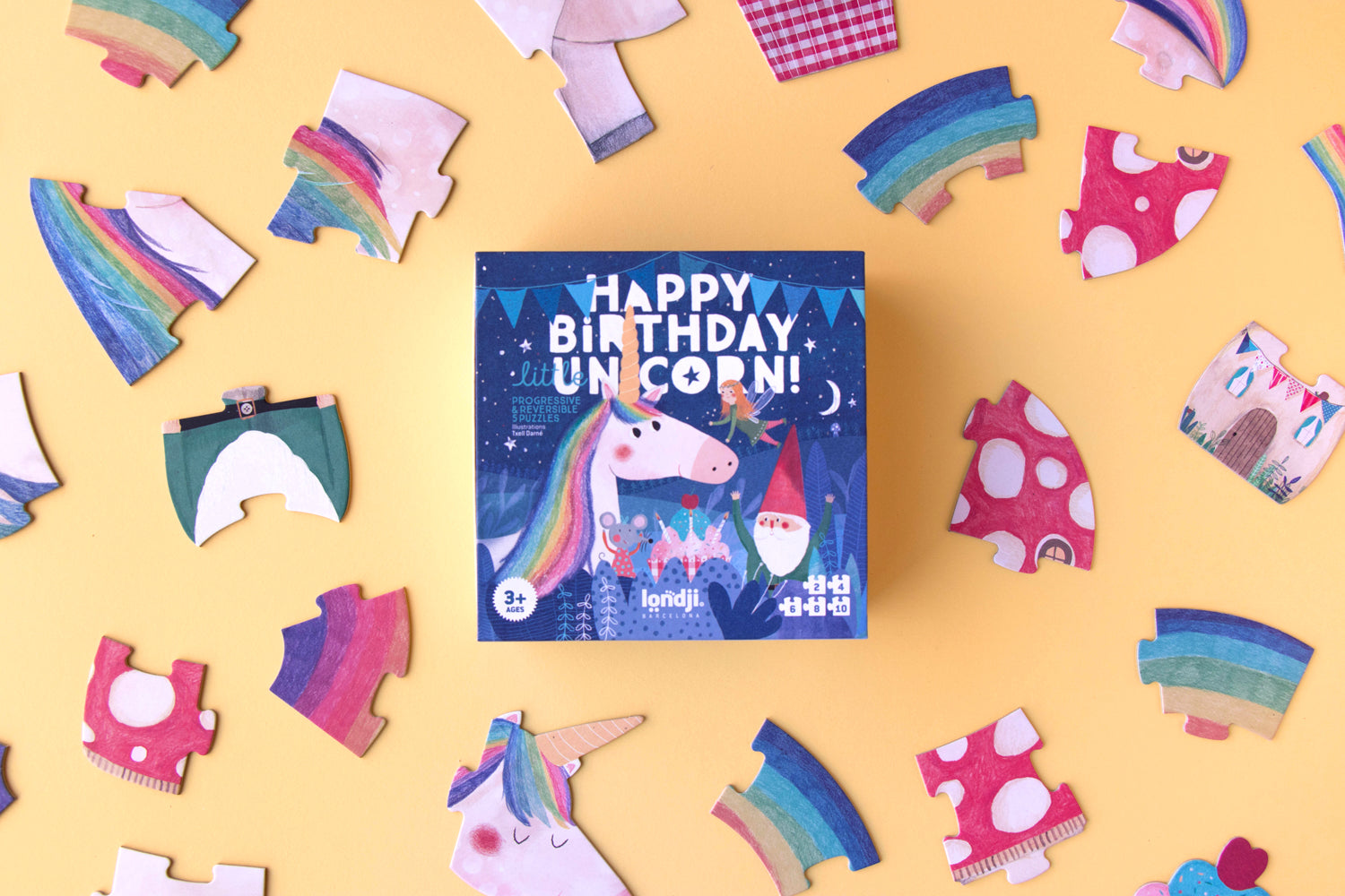 Coffret de puzzles évolutifs, à partir de 3 ans. Thème anniversaire et licorne.