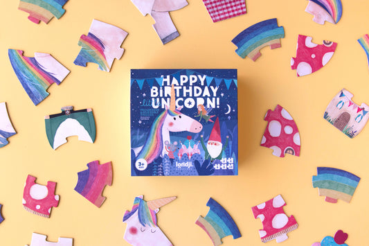 Coffret de puzzles évolutifs, à partir de 3 ans. Thème anniversaire et licorne.