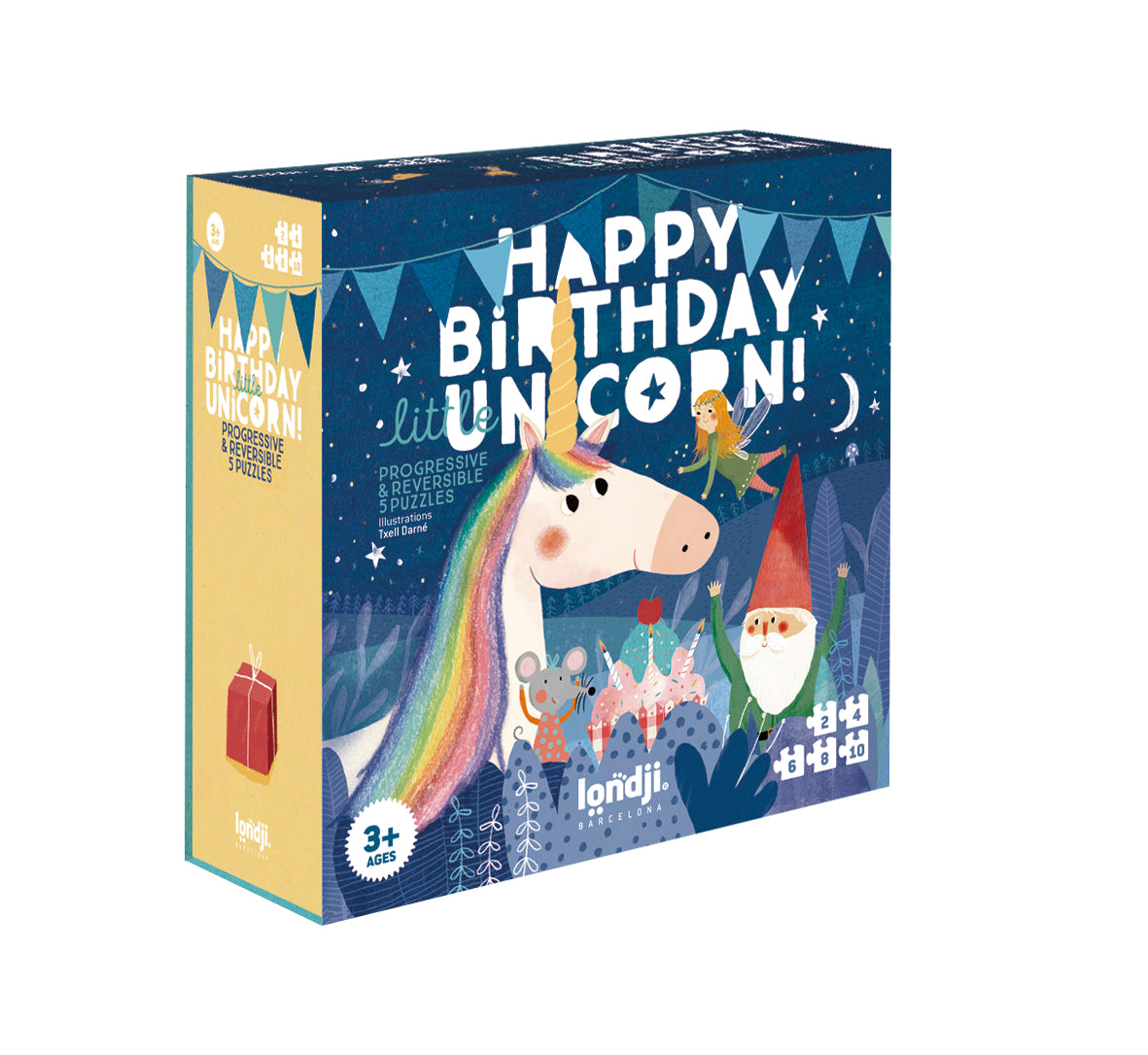 Puzzles évolutifs sur le thème de l'anniversaire de la licorne ! Coffret de 5 puzzles éco-conçus de 2 à 10 pièces, réversibles représentant les personnages d'une merveilleuse histoire.