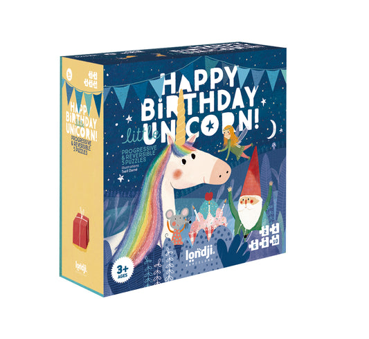 Puzzles évolutifs sur le thème de l'anniversaire de la licorne ! Coffret de 5 puzzles éco-conçus de 2 à 10 pièces, réversibles représentant les personnages d'une merveilleuse histoire.