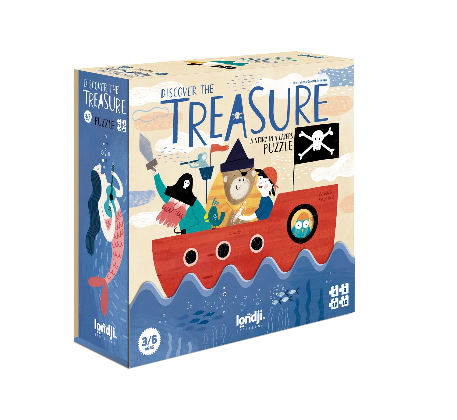 Puzzle original et évolutif de 4 à 16 pièces sur le thème des pirates et du trésor caché dans la mer