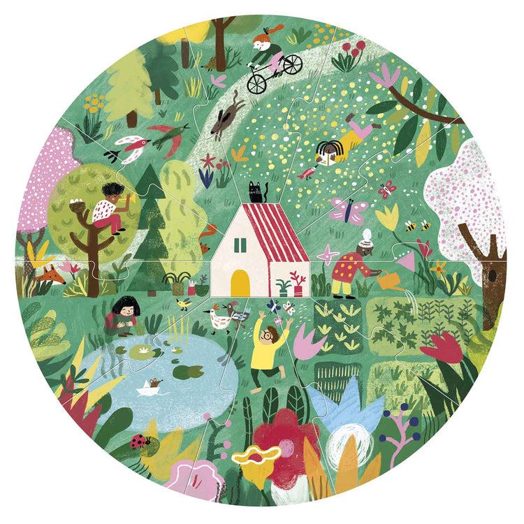 Puzzle printemps maternelle. Illustration faune, flore et plusieurs personnages. 
