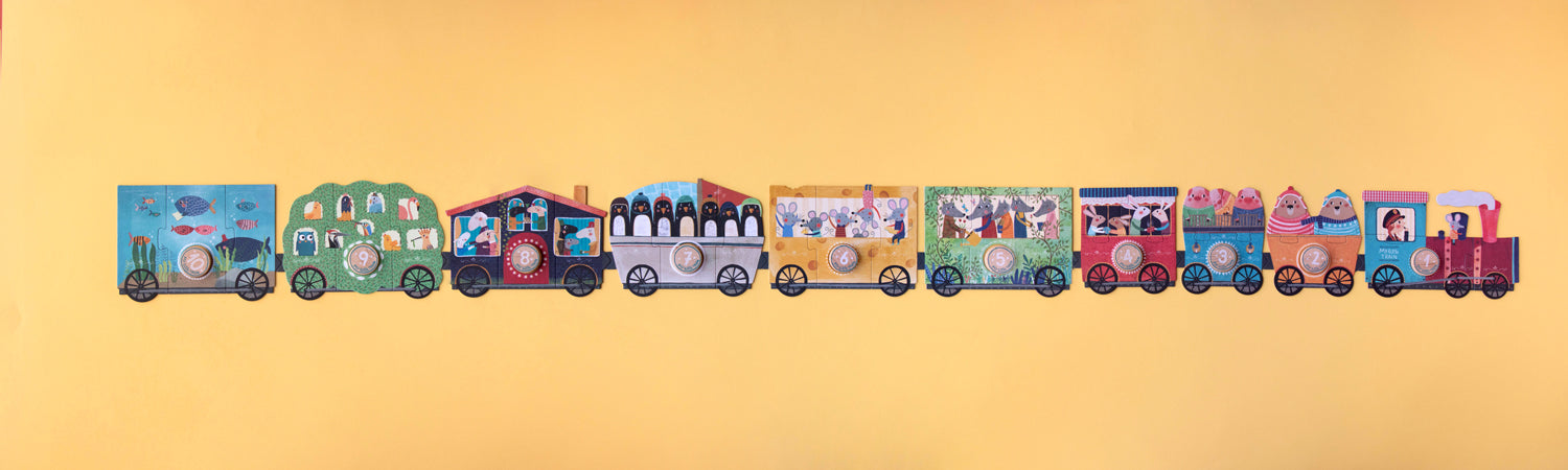 Puzzle petit train pour enfant dès 2 ans. Thème voyage, animaux. Apprentissage ludique, premières mathématiques. Logique, concentration et dextérité.