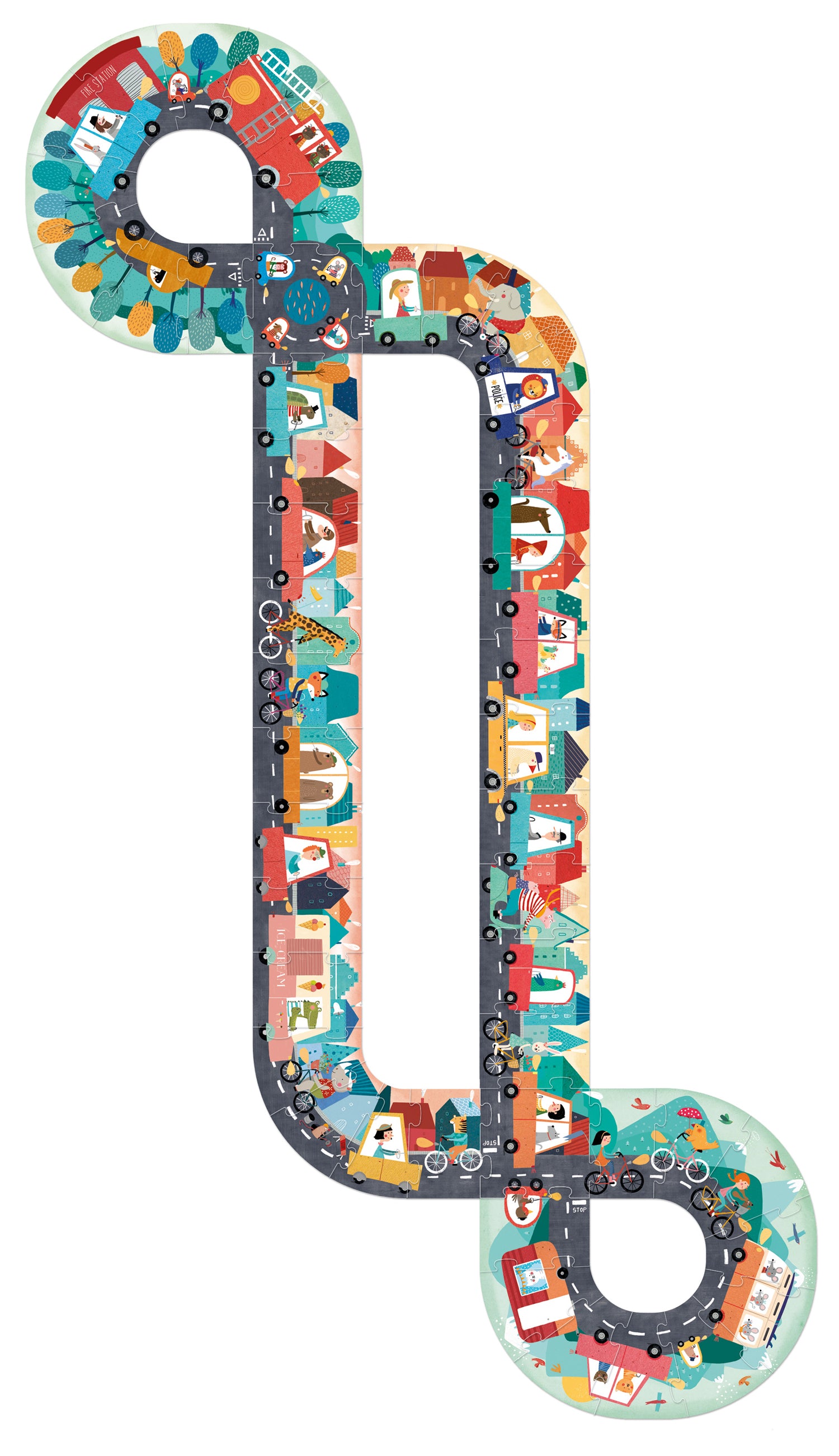 Une fois les 48 pièces du puzzle assemblées, un grand circuit de 112 cm de long avec 2 boucles permet aux enfants de jouets aux petites voitures. Londji Puzzles
