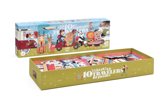 Puzzles animaux, de 2 à 10 pièces. Recommandé de 3 à 6 ans. 10 Travellers, Londji Puzzles.