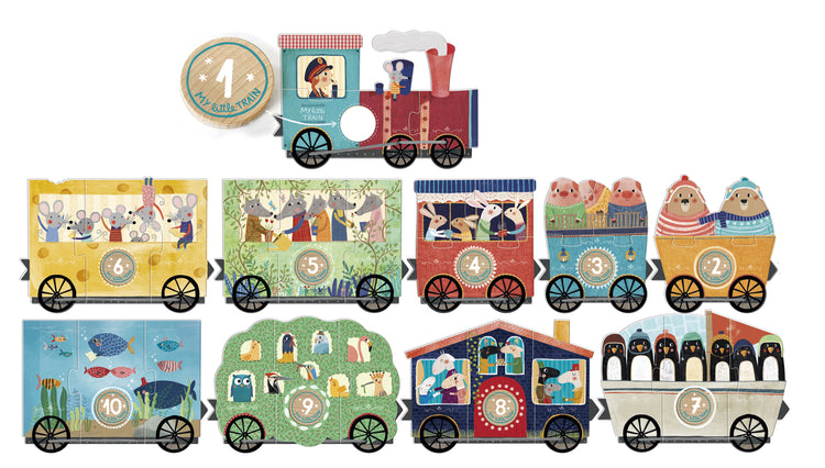Ensemble de wagons du petit train en puzzle Londji. Un cadeau original, éducatif et amusant pour les enfants dès 2 ans.