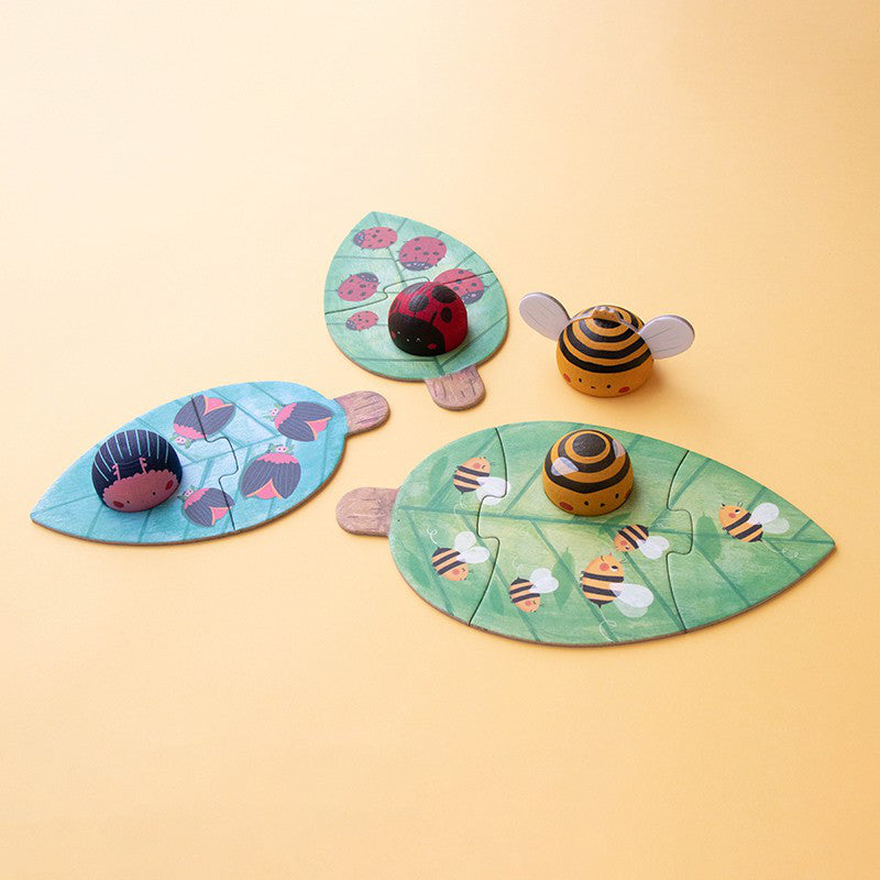 Puzzles évolutifs en forme de feuilles avec figurines en bois de coccinelle, d'abeille et de scarabée à encastrer