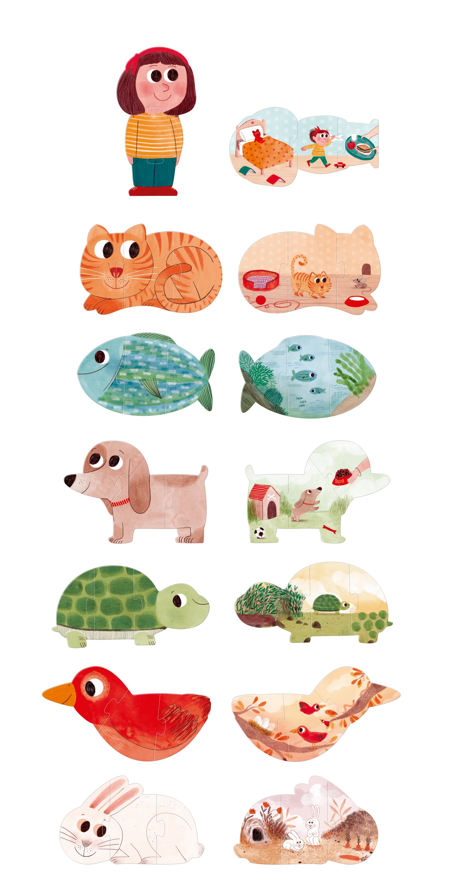 Puzzle premier âge animaux, recto-verso. Londji, marque espagnole produisant en Espagne des puzzles écofriendly.  7 puzzles : 1 fillette, 1 chat, 1 poisson, 1 chien, 1 tortue, 1 oiseau et 1 lapin. Tous souriants. Poétique et amusant.