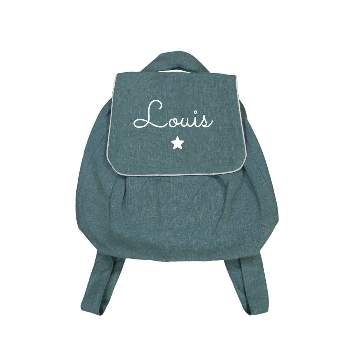 Sac à dos bébé crèche en lin bleu canard, prénom personnalisé avec petit motif, pratique pour crèche et maternelle.