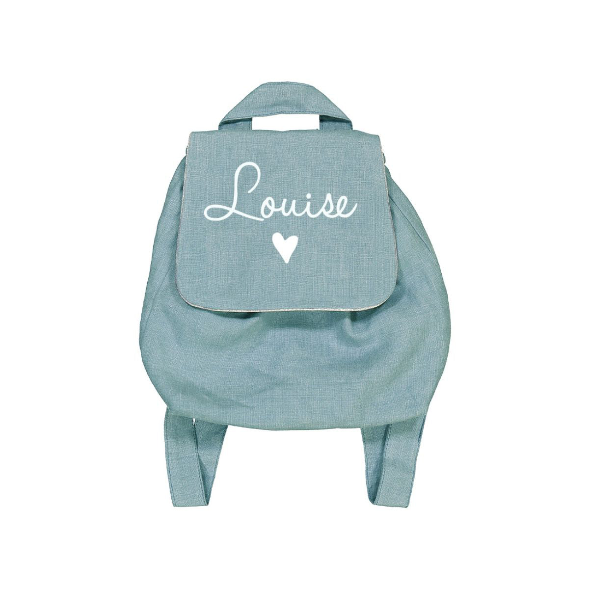 Sac à dos bébé crèche en lin vert menthe, prénom personnalisé avec petit cœur, cadeau de naissance touchant et utile.
