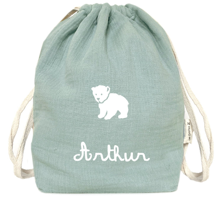 Sac à dos bébé garçon personnalisé bleu avec prénom Arthur et motif ourson