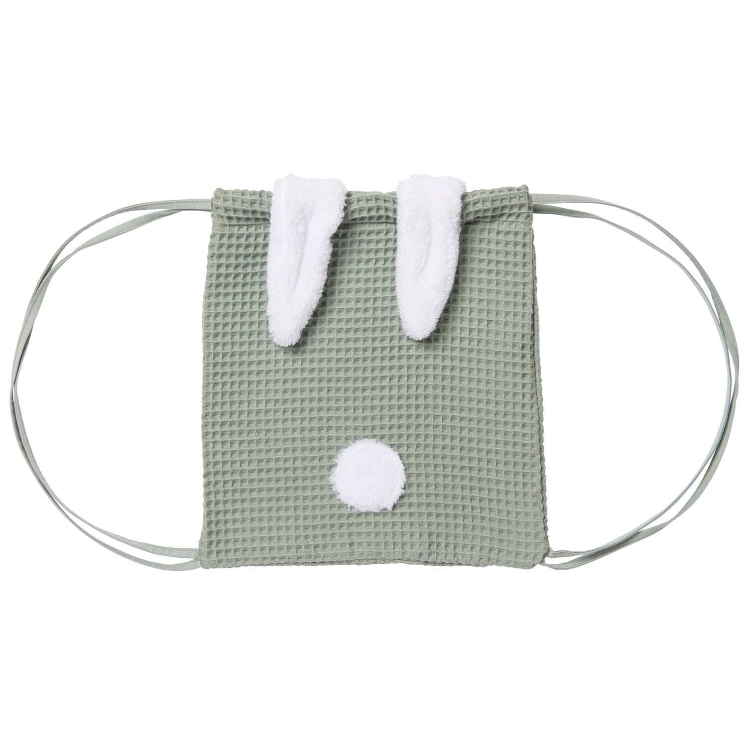 Un premier sac à dos idéal pour apporter une touche de mignonnerie à la tenue de rentrée de votre bébé ! Sac à dos en nid d'abeille coton gaufré vert de gris, oreilles et pompon blanc aspect peluche. 