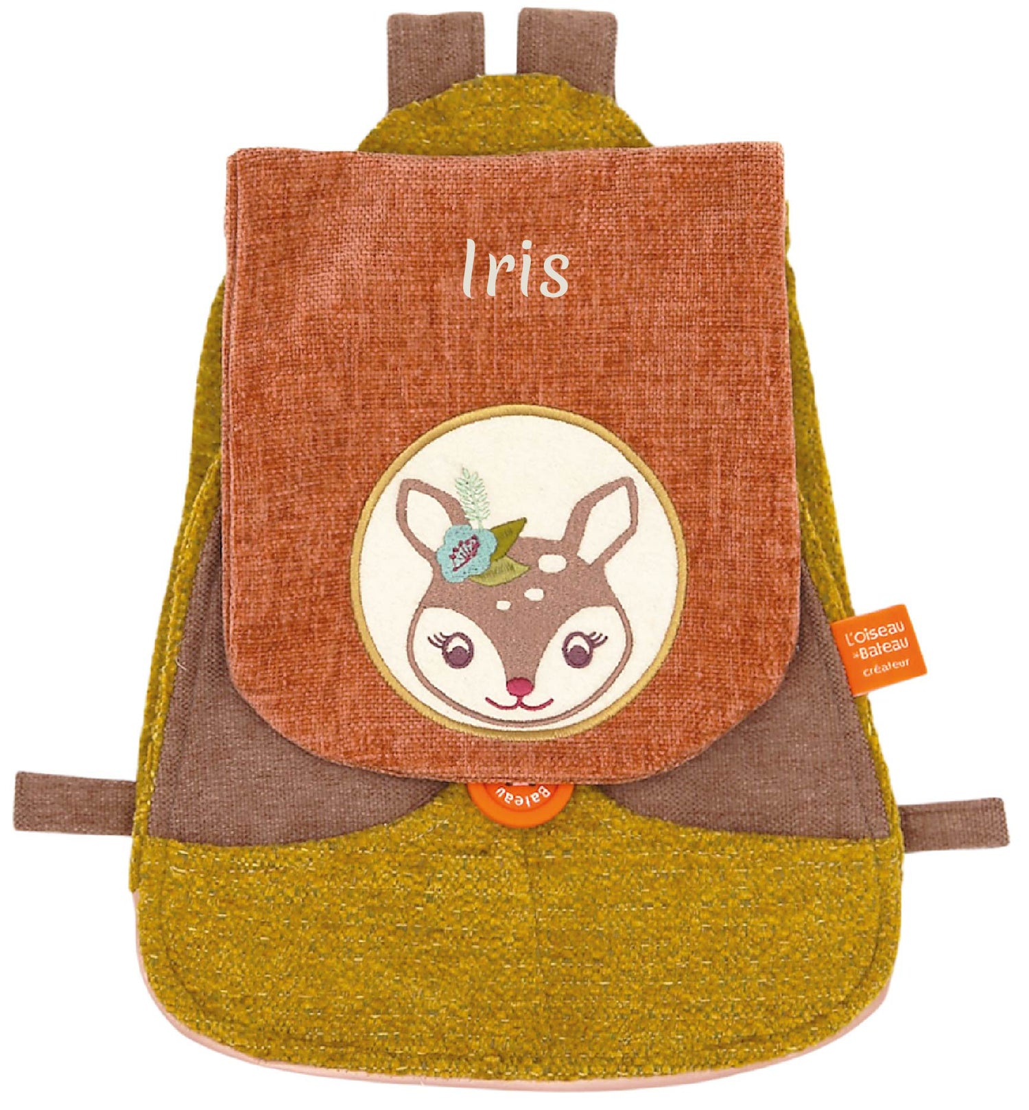 Sac à dos maternelle fille, broderie prénom, personnalisé, modèle faon. Orange.
