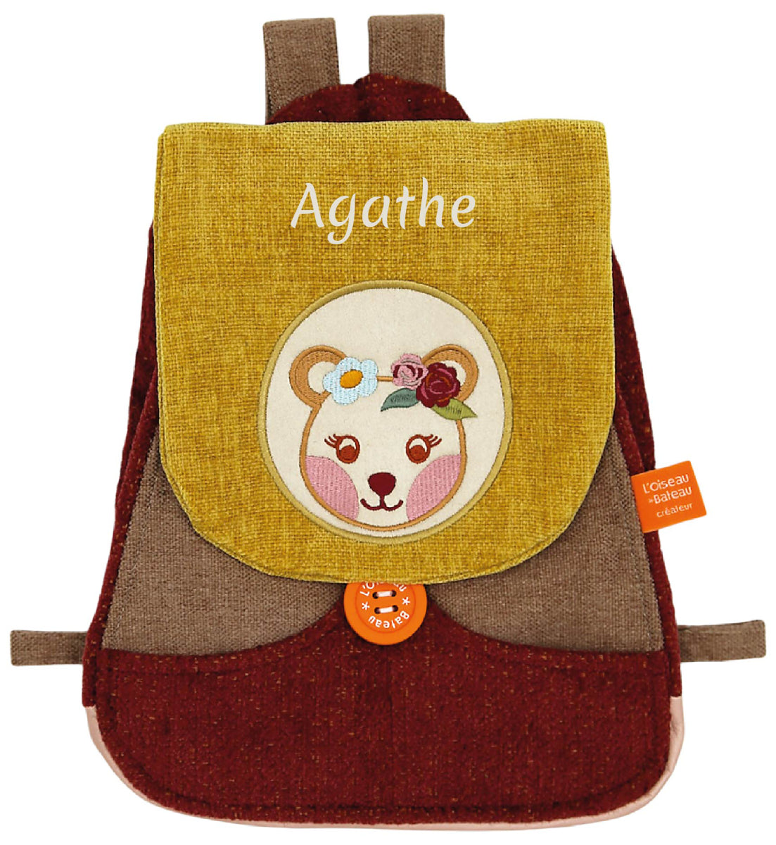 Sac à dos maternelle fille, broderie prénom, personnalisé, modèle ourse, jaune et rouge.