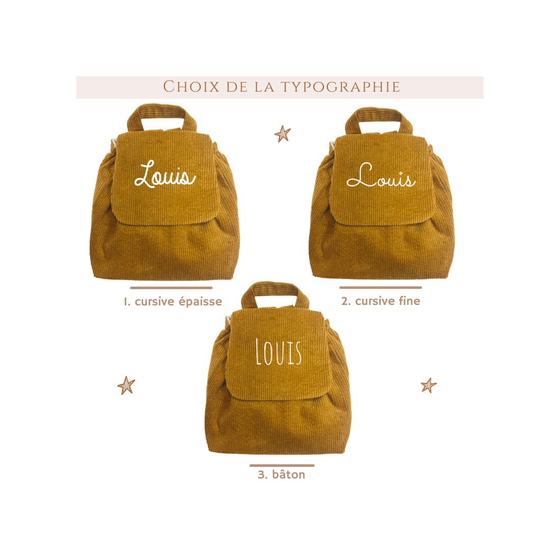 Sac à dos maternelle personnalisé en velours côtelé moutarde. Ecriture au choix.