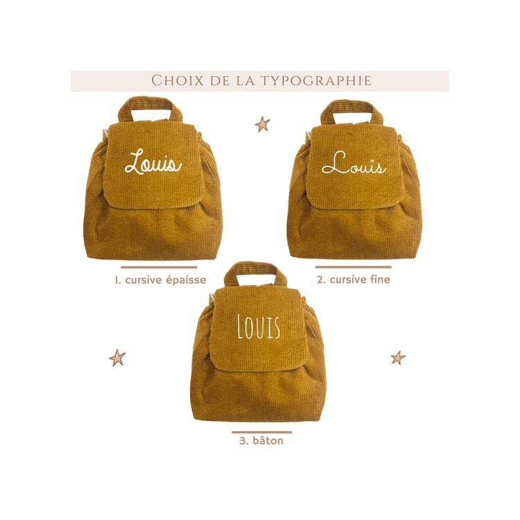 Sac à dos maternelle personnalisé en velours côtelé moutarde. Ecriture au choix.