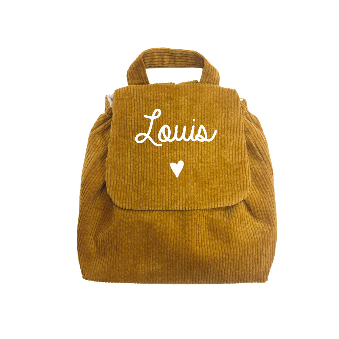 Sac à dos maternelle personnalisé en velours côtelé moutarde, motif cœur sous le prénom, léger et pratique pour la crèche.