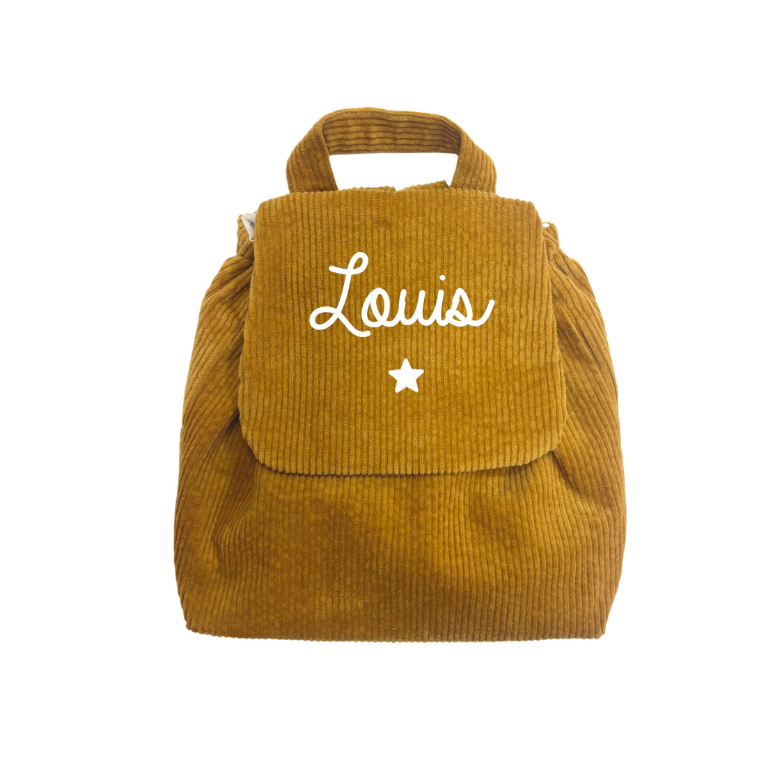 Sac à dos maternelle personnalisé en velours côtelé moutarde, motif étoile sous le prénom, idéal doudou et goûter.