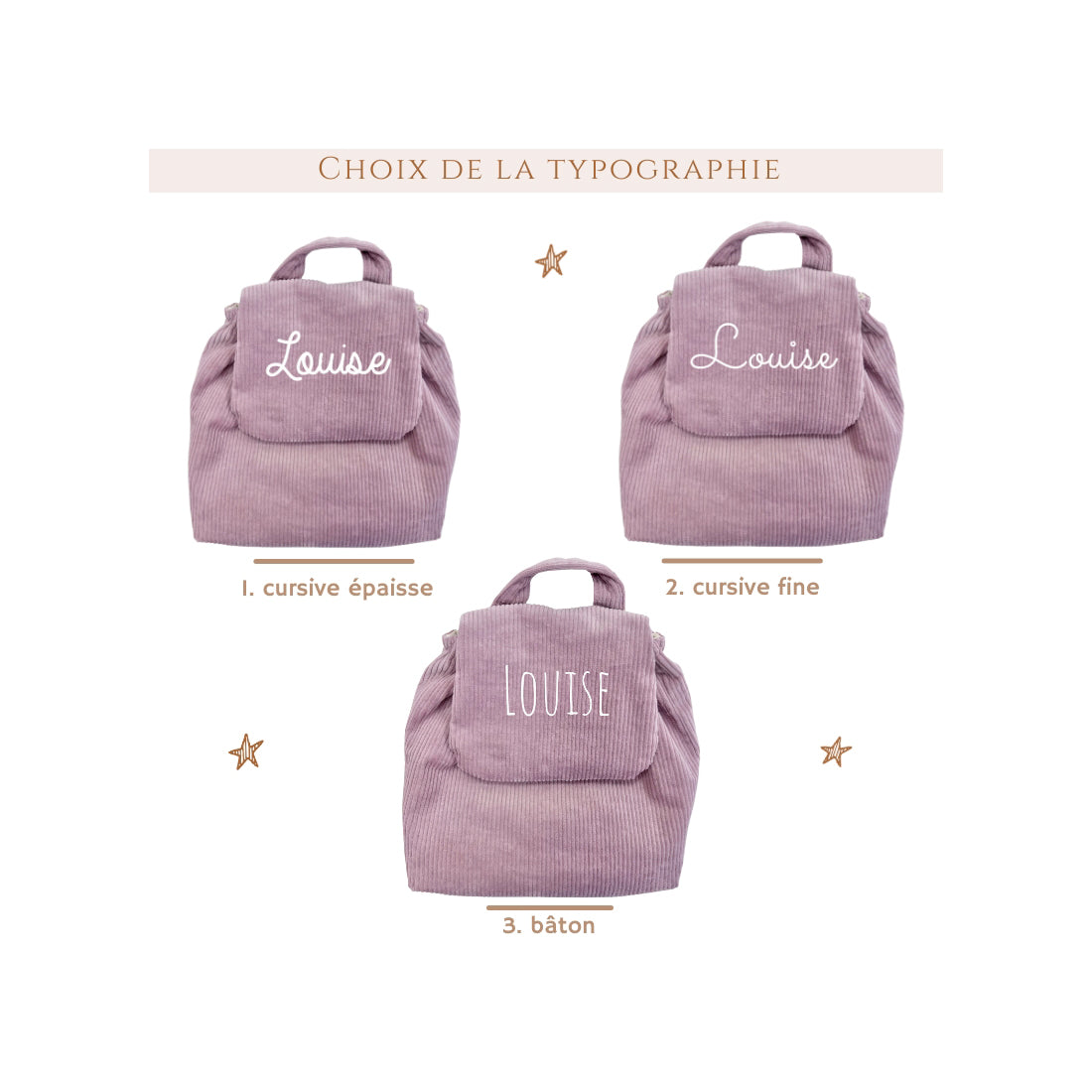 Sac à dos personnalisé en velours côtelé, choix écriture prénom.