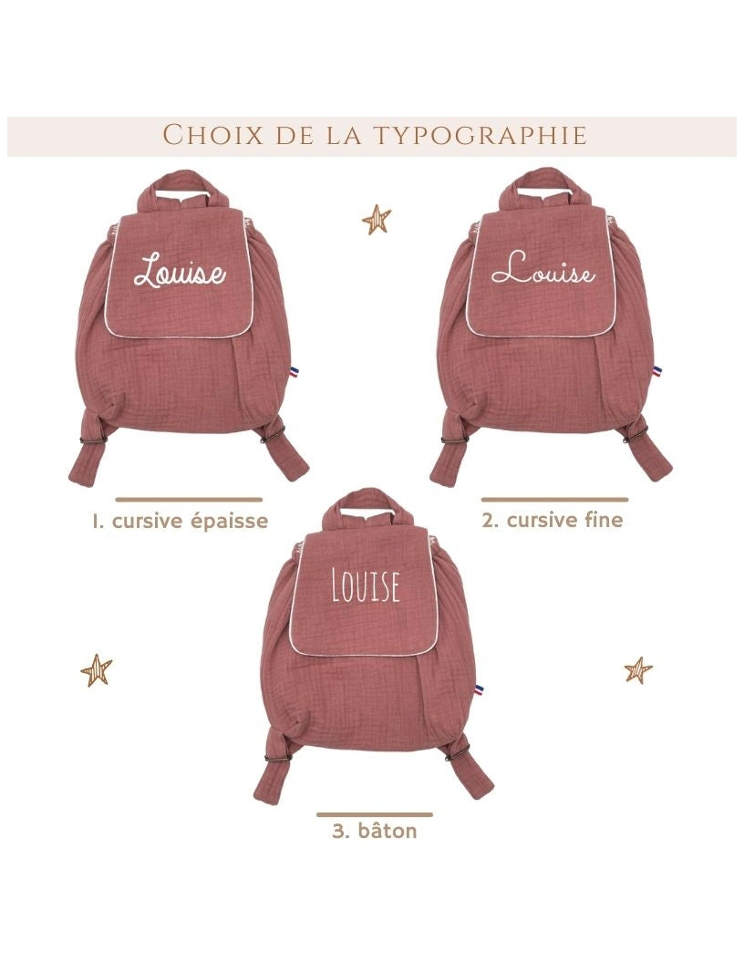Sac à dos prénom maternelle vieux rose, personnalisation au prénom avec typographie au choix.