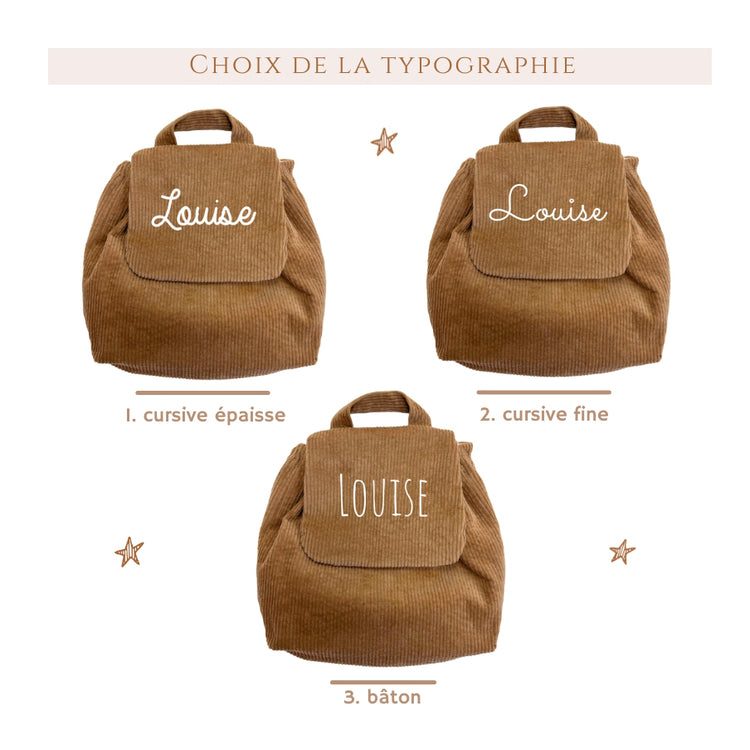 ac à dos velours côtelé enfant – look automne, marron clair. Choix de l'écriture.