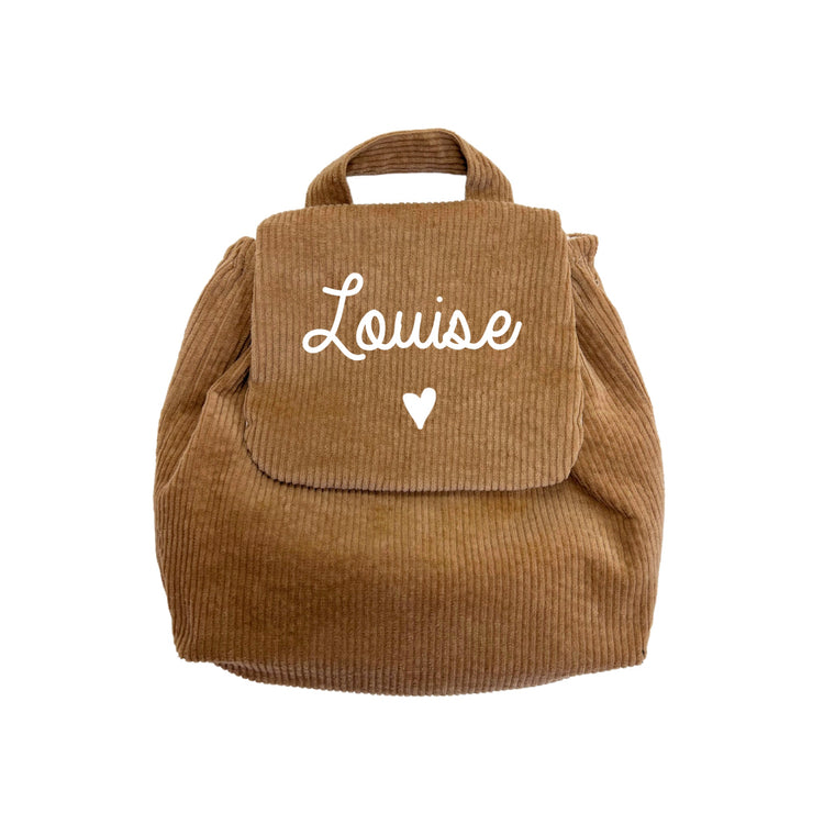 Sac à dos velours côtelé enfant – look automne, marron clair, personnalisé au prénom avec motif cœur.