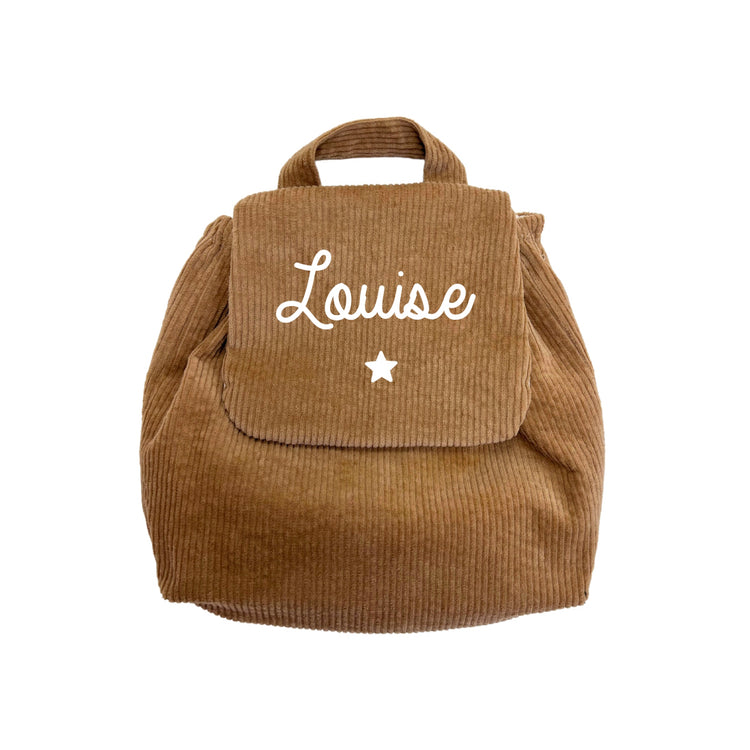 Sac à dos velours côtelé enfant – look automne, marron clair, personnalisé au prénom avec motif étoile